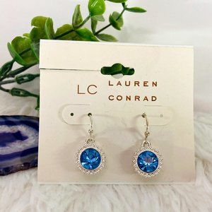 Silver dainty small round earrings blue crystal